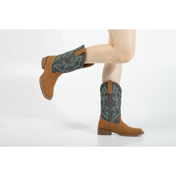 SheSole Woman Green Square Toe TwoTone Cowboy Boots Cowgirl Riding Western - Picture 3 of 6